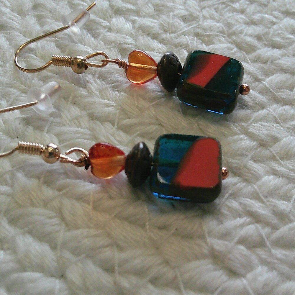 Unique CZECH TEAL and ORANGE GLASS with Copper Handmade Dangle Earrings #397E